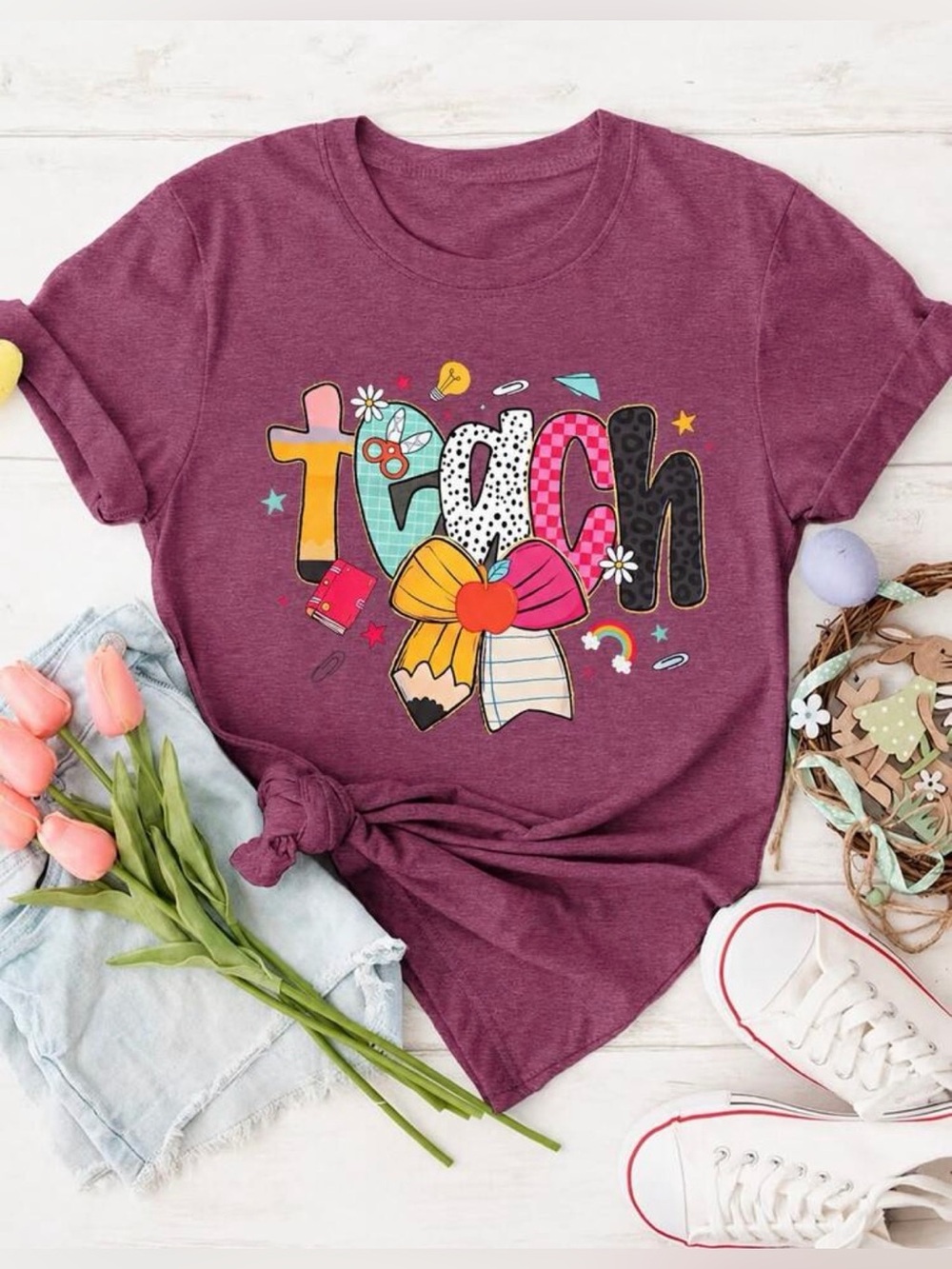 Women's Short Sleeve Graphic Tee - Purple Teach Design